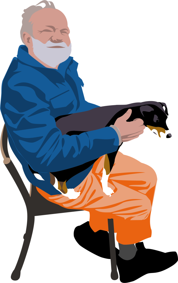 Illustration Médiation animale - Un patient d'Infirmiers de rue tient Walt sur ses genoux (Copyright Herbert Celis) 